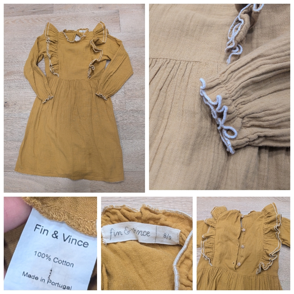 Fin & Vince 8/9Y ruffle mustard gauze cotton dress